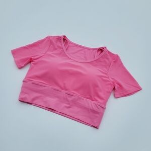 Pedigree Double Layered Mesh Crop Tee with Sports Bra Liner | Pink